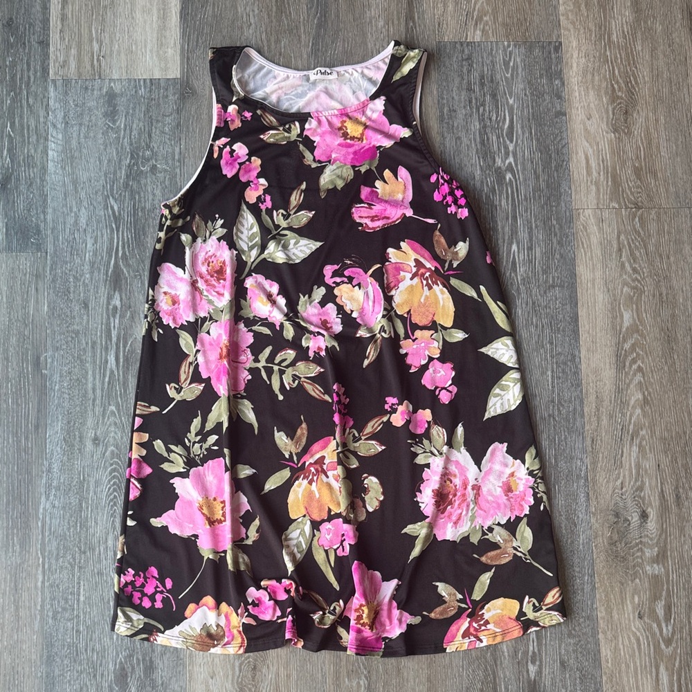 Sleeveless Black Floral Dress with Pink Blooms